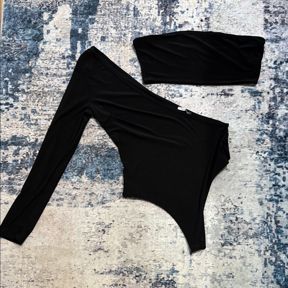 Chic Black Asymmetrical Bodysuit and Tube Top Set